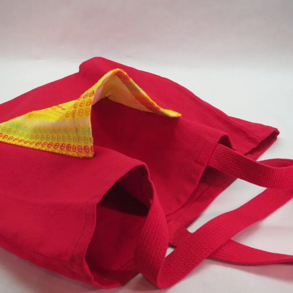 Red Canvas Tote with Rainbow Peace Sign inner pouch 2-piece set NEW